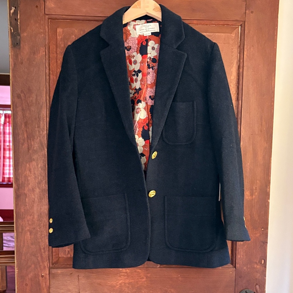 Trovata Navy Blazer with Red and Pink Floral Lining